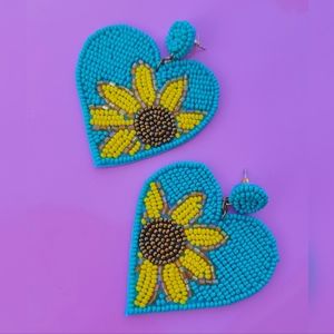 BEADED SUNFLOWER HEART TURQUOISE EARRINGS